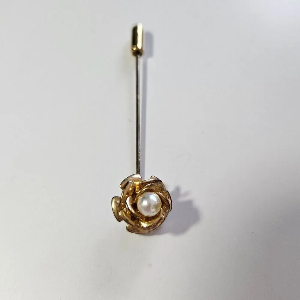 Gold tone flower stick pin faux pearl rose